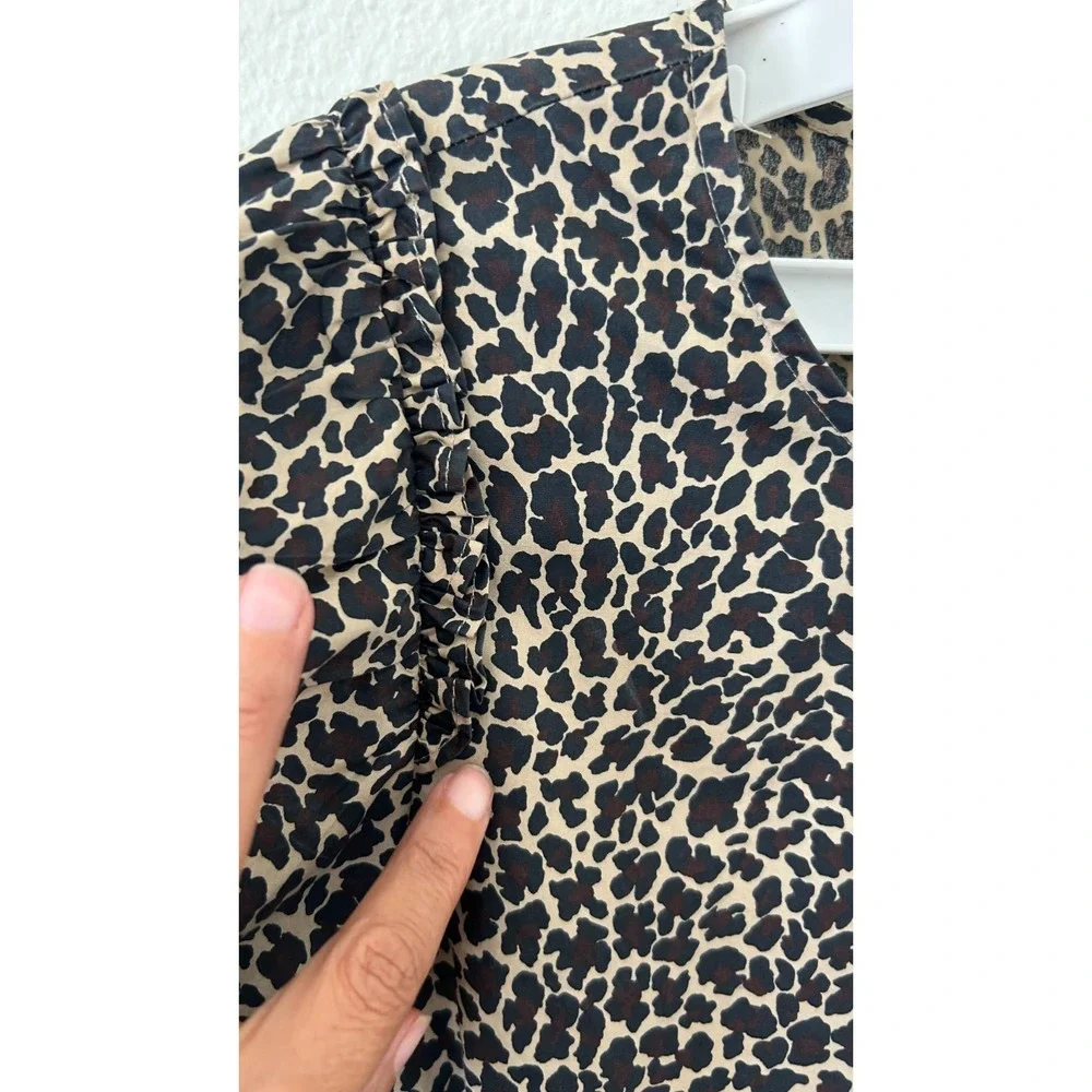 J.‎ Crew Preppy Leopard Print Cotton Puff Sleeve Ruffle Top Brown Tan Small
